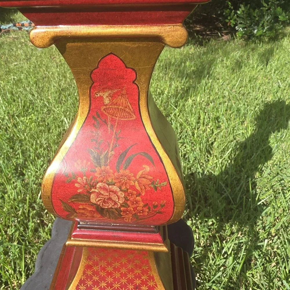 Miniature Grandfather Clock Red Floral Chinoiserie Mantle Table clock no work